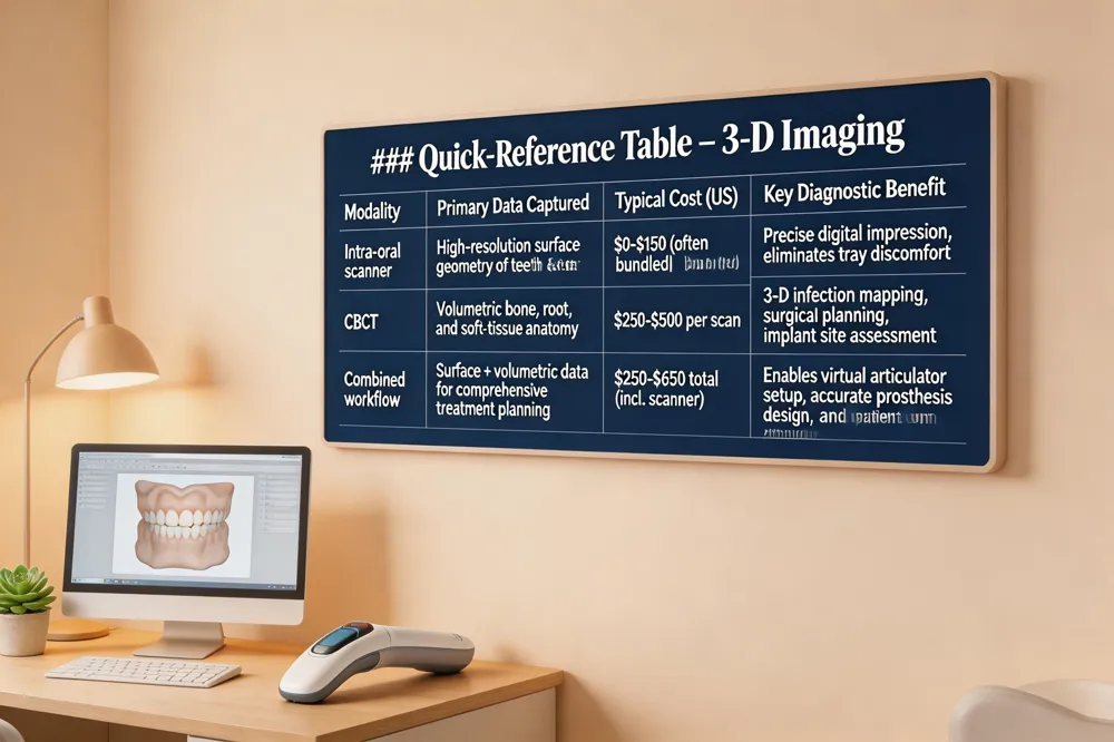 ### Quick‑Reference Table – 3‑D Imaging
| Modality | Primary Data Captured | Typical Cost (US) | Key Diagnostic Benefit |
|---|---|---|---|
| Intra‑oral scanner | High‑resolution surface geometry of teeth & soft tissue | $0‑$150 (often bundled) | Precise digital impression, eliminates tray discomfort |
| CBCT | Volumetric bone, root, and soft‑tissue anatomy | $250‑$500 per scan | 3‑D infection mapping, surgical planning, implant site assessment |
| Combined workflow | Surface + volumetric data for comprehensive treatment planning | $250‑$650 total (incl. scanner) | Enables virtual articulator setup, accurate prosthesis design, and patient communication