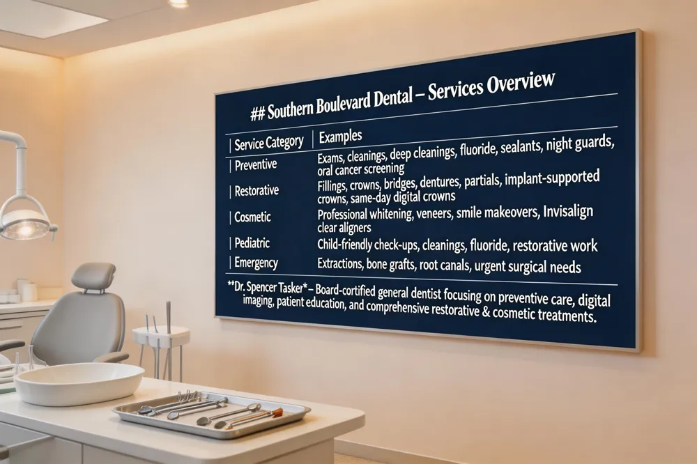 ### Southern Boulevard Dental – Services Overview
| Service Category | Examples |
|---|---|
| Preventive | Exams, cleanings, deep cleanings, fluoride, sealants, night guards, oral cancer screening |
| Restorative | Fillings, crowns, bridges, dentures, partials, implant‑supported crowns, same‑day digital crowns |
| Cosmetic | Professional whitening, veneers, smile makeovers, Invisalign clear aligners |
| Pediatric | Child‑friendly check‑ups, cleanings, fluoride, restorative work |
| Emergency | Extractions, bone grafts, root canals, urgent surgical needs |
Dr. Spencer Tasker – Board‑certified general dentist focusing on preventive care, digital imaging, patient education, and comprehensive restorative & cosmetic treatments. 