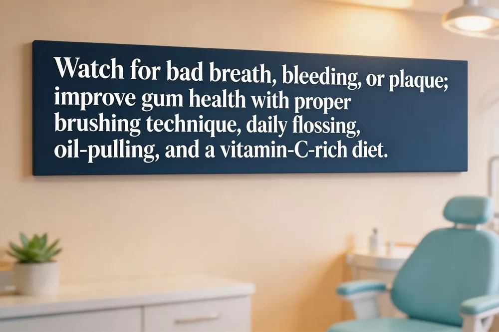 Watch for bad breath, bleeding or, or plaque; improve gum health with proper brushing technique, daily flossing, oil‑pulling, and a vitamin‑C‑rich diet.