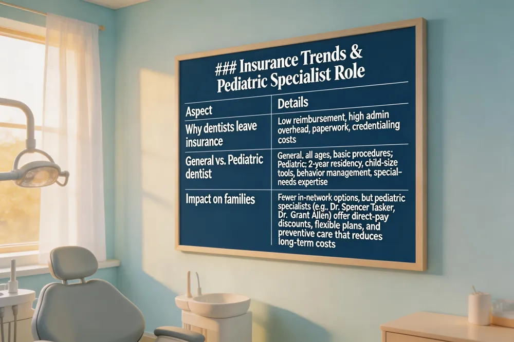 ### Insurance Trends & Pediatric Specialist Role
| Aspect | Details |
|---|---|
| Why dentists leave insurance | Low reimbursement, high admin overhead, paperwork, credentialing costs |
| General vs. Pediatric dentist | General: all ages, basic procedures; Pediatric: 2‑year residency, child‑size tools, behavior management, special‑needs expertise |
| Impact on families | Fewer in‑network options, but pediatric specialists (e.g., Dr. Spencer Tasker, Dr. Grant Allen) offer direct‑pay discounts, flexible plans, and preventive care that reduces long‑term costs |
| 