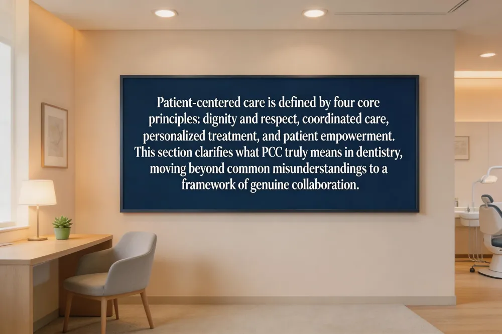 Patient-centered care is defined by four core principles: dignity and respect, coordinated care, personalized treatment, and patient empowerment. This section clarifies what PCC truly means in dentistry, moving beyond common misunderstandings to a framework of genuine collaboration.