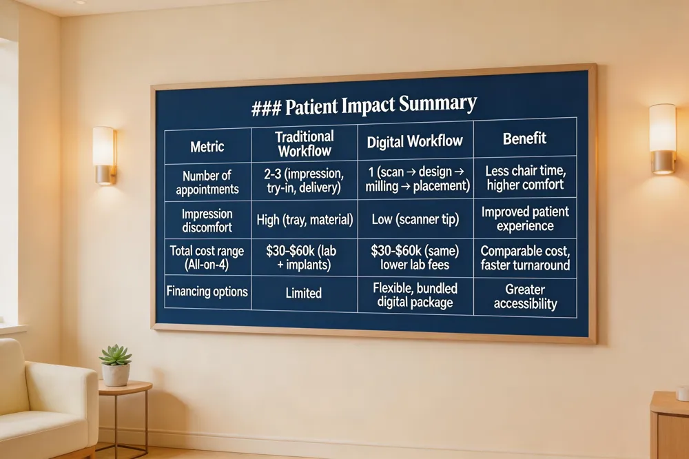 ### Patient Impact Summary
| Metric | Traditional Workflow | Digital Workflow | Benefit |
|---|---|---|---|
| Number of appointments | 2‑3 (impression, try‑in, delivery) | 1 (scan → design → milling → placement) | Less chair time, higher comfort |
| Impression discomfort | High (tray, material) | Low (scanner tip) | Improved patient experience |
| Total cost range (All‑on‑4) | $30‑$60k (lab + implants) | $30‑$60k (same) but often lower lab fees due to digital efficiency | Comparable cost, faster turnaround |
| Financing options | Limited | Flexible, often bundled with digital package | Greater accessibility