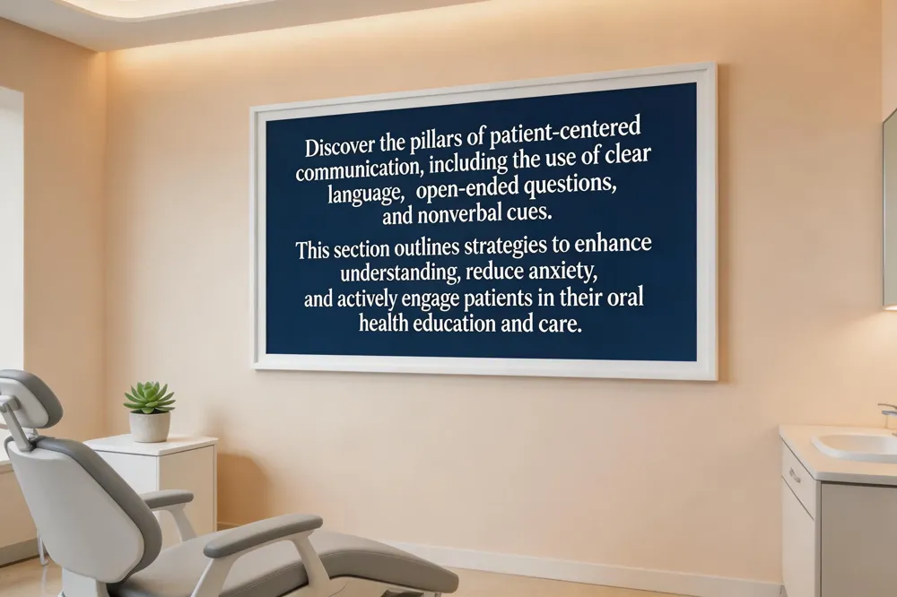Discover the pillars of patient-centered communication, including the use of clear language, open-ended questions, and nonverbal cues. This section outlines strategies to enhance understanding, reduce anxiety, and actively engage patients in their oral health education and care.