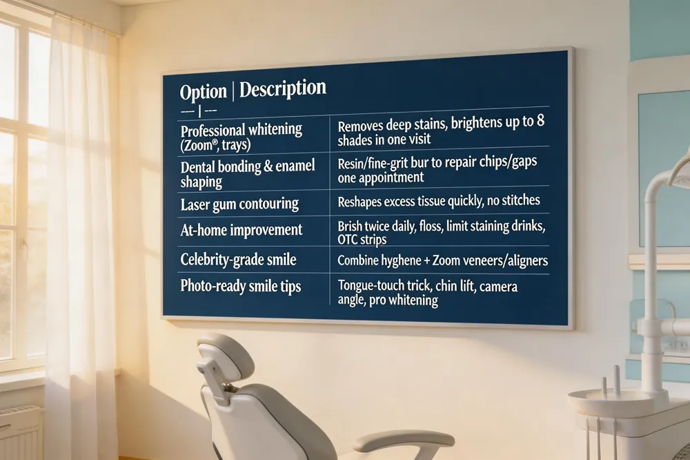 Option | Description |
|---|---|
| Professional whitening (Zoom®, trays) | Removes deep stains, brightens up to 8 shades in one visit |
| Dental bonding & enamel shaping | Resin or fine‑grit bur to repair chips/gaps in one appointment |
| Laser gum contouring | Reshapes excess tissue quickly, no stitches |
| At‑home improvement | Brush twice daily with whitening toothpaste, floss, limit staining drinks, OTC strips |
| Celebrity‑grade smile | Combine hygiene + Zoom whitening + veneers or clear aligners |
| Photo‑ready smile tips | Tongue‑touch trick, slight chin lift, camera angle, professional whitening |
| 