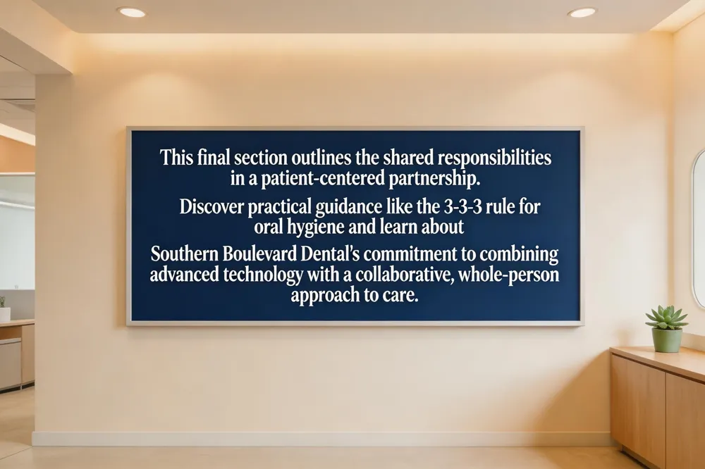 This final section outlines the shared responsibilities in a patient-centered partnership. Discover practical guidance like the 3-3-3 rule for oral hygiene and learn about Southern Boulevard Dental's commitment to combining advanced technology with a collaborative, whole-person approach to care.