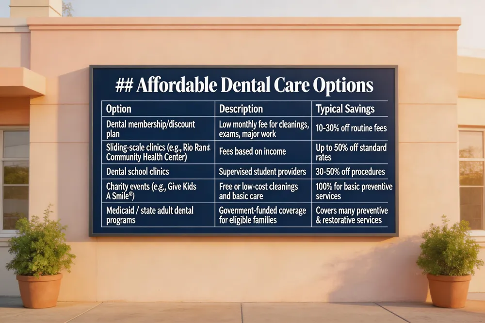 ### Affordable Dental Care Options
| Option | Description | Typical Savings |
|---|---|---|
| Dental membership/discount plan | Low monthly fee for reduced prices on cleanings, exams, major work | 10‑30% off routine fees |
| Sliding‑scale clinics (e.g., Rio Rancho Community Health Center) | Fees based on income | Up to 50% off standard rates |
| Dental school clinics | Supervised student providers | 30‑50% off procedures |
| Charity events (e.g., Give Kids A Smile®) | Free or low‑cost cleanings and basic care | 100% for basic preventive services |
| Medicaid / state adult dental programs | Government‑funded coverage for eligible families | Covers many preventive & restorative services |
| 