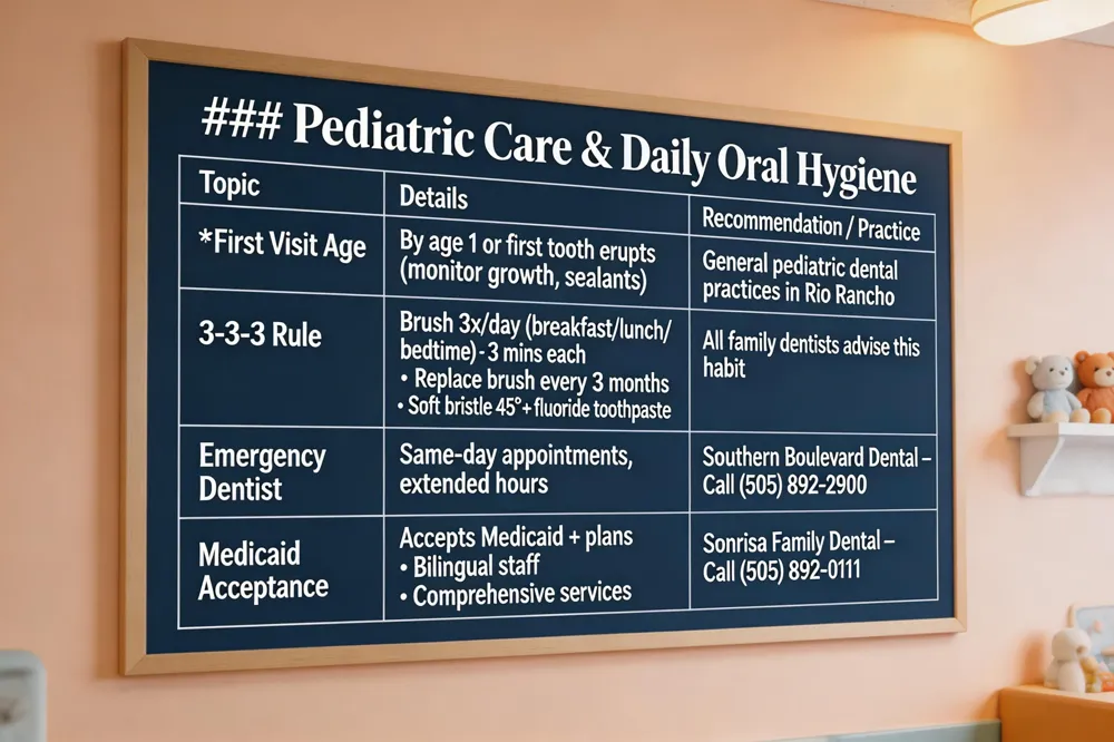 ### Pediatric Care & Daily Oral Hygiene
| Topic | Details | Recommendation / Practice |
|---|---|---|
| First Visit Age | Should occur by age 1 or when the first tooth erupts to monitor growth and apply sealants | General pediatric dental practices in Rio Rancho |
| 3‑3‑3 Rule | Brush three times a day (breakfast, lunch, bedtime) for three minutes each; replace brush heads every three months; use soft‑bristled at 45° angle with fluoride toothpaste | All family dentists advise this habit |
| Emergency Dentist | Same‑day appointments, extended‑hour availability | Southern Boulevard Dental – Call (505) 892‑2900 |
| Medicaid Acceptance | Accepts Medicaid and many other plans; bilingual staff; comprehensive services | Sonrisa Family Dental – Call (505) 892‑0111 |
| 