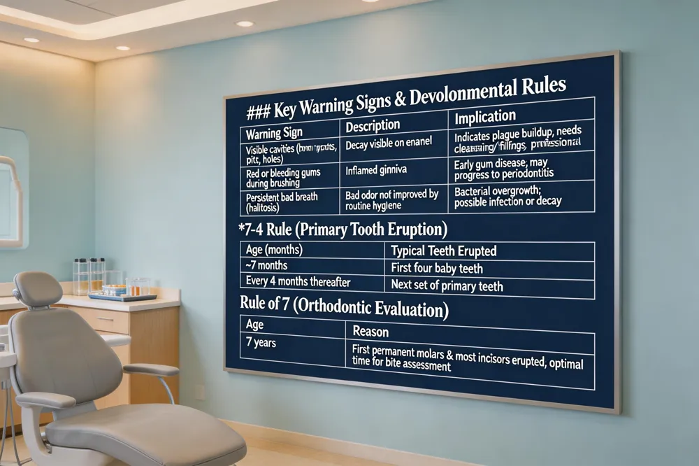 ### Key Warning Signs & Developmental Rules
| Warning Sign | Description | Implication |
|---|---|---|
| Visible cavities (brown spots, pits, holes) | Decay visible on enamel | Indicates plaque buildup; needs professional cleaning/fillings |
| Red or bleeding gums during brushing | Inflamed gingiva | Early gum disease; may progress to periodontitis |
| Persistent bad breath (halitosis) | Bad odor not improved by routine hygiene | Bacterial overgrowth; possible infection or decay |
7‑4 Rule (Primary Tooth Eruption)
| Age (months) | Typical Teeth Erupted |
|---|---|
| ~7 months | First four baby teeth |
| Every 4 months thereafter | Next set of primary teeth |
Rule of 7 (Orthodontic Evaluation)
| Age | Reason |
|---|---|
| 7 years | First permanent molars & most incisors erupted; optimal time for bite assessment |
| 