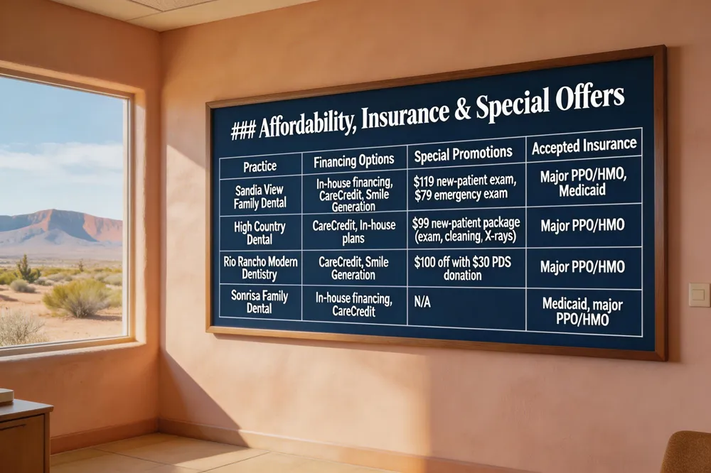 ### Affordability, Insurance & Special Offers
| Practice | Financing Options | Special Promotions | Accepted Insurance |
|---|---|---|---|
| Sandia View Family Dental | In‑house financing, CareCredit, Smile Generation Dental Plan | $119 new‑patient exam, $79 emergency exam | Major PPO/HMO, Medicaid |
| High Country Dental | CareCredit, In‑house plans | $99 new‑patient package (exam, cleaning, X‑rays) | Major PPO/HMO |
| Rio Rancho Modern Dentistry | CareCredit, Smile Generation Dental Plan | $100 off when $30 donation to PDS Health Foundation | Major PPO/HMO, Medicaid |
| Sonrisa Family Dental | In‑house financing, CareCredit | N/A | Medicaid, major PPO/HMO |
| 