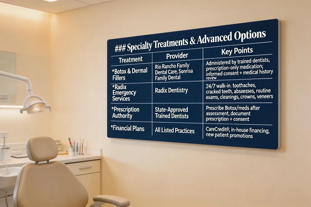 ### Specialty Treatments & Advanced Options
| Treatment | Provider | Key Points |
|---|---|---|
| Botox & Dermal Fillers | Rio Rancho Family Dental Care; Sonrisa Family Dental | Administered by trained dentists; prescription‑only medication; requires informed consent and medical history review |
| Radix Emergency Services | Radix Dentistry | 24/7 walk‑in for toothaches, cracked teeth, abscesses, temporary crowns; also offers routine exams, cleanings, crowns, veneers, bridges |
| Prescription Authority | Qualified dentists with state‑approved training | Can prescribe Botox and other meds after assessment; must document prescription and obtain consent |
| Financial Plans | All listed practices | CareCredit®, in‑house financing, promotions for new patients |
| 