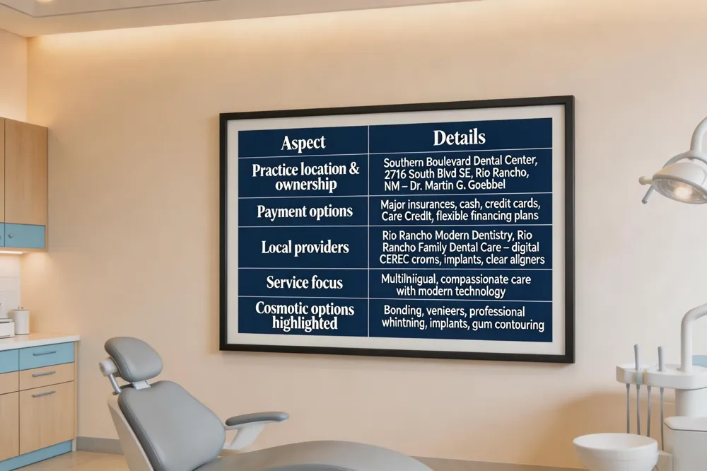 Aspect | Details |
|---|---|
| Practice location & ownership | Southern Boulevard Dental Center, 2716 South Blvd SE, Rio Rancho, NM – Dr. Martin G. Goebbel |
| Payment options | Major insurances, cash, credit cards, Care Credit, flexible financing plans |
| Local providers | Rio Rancho Modern Dentistry, Rio Rancho Family Dental Care – digital CEREC crowns, implants, clear aligners |
| Service focus | Multilingual, compassionate care with modern technology |
| Cosmetic options highlighted | Bonding, veneers, professional whitening, implants, gum contouring |
| 