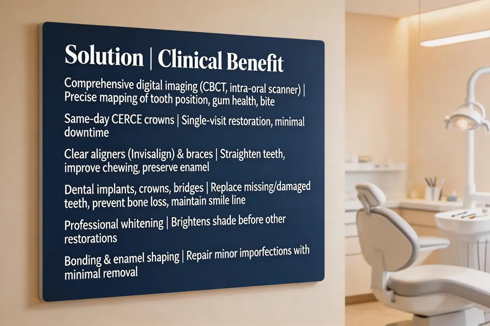 Solution | Clinical Benefit |
|---|---|
| Comprehensive digital imaging (CBCT, intra‑oral scanner) | Precise mapping of tooth position, gum health, bite |
| Same‑day CEREC crowns | Single‑visit restoration, minimal downtime |
| Clear aligners (Invisalign) & braces | Straighten teeth, improve chewing, preserve enamel |
| Dental implants, crowns, bridges | Replace missing/damaged teeth, prevent bone loss, maintain smile line |
| Professional whitening | Brightens shade before other restorations |
| Bonding & enamel shaping | Repair minor imperfections with minimal removal |
| 