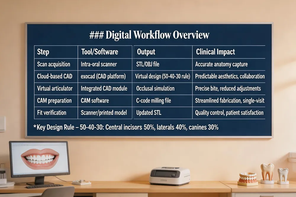 ### Digital Workflow Overview
| Step | Tool/Software | Output | Clinical Impact |
|---|---|---|---|
| Scan acquisition | Intra‑oral scanner | STL/OBJ file | Accurate anatomy capture |
| Cloud‑based CAD | CAD platform (e.g., exocad) | Virtual design, smile‑design parameters (50‑40‑30 rule) | Predictable aesthetics, efficient collaboration |
| Virtual articulator | Integrated CAD module | Occlusal simulation | Precise bite registration, reduced adjustments |
| CAM preparation | CAM software | Milling/printing file (G‑code) | Streamlined fabrication, single‑visit restorations |
| Fit verification | In‑office scanner or printed model | Updated STL | Immediate quality control, patient satisfaction |
Key Design Rule – 50‑40‑30: Central incisors 50 % of visible width, laterals 40 %, canines 30 %.