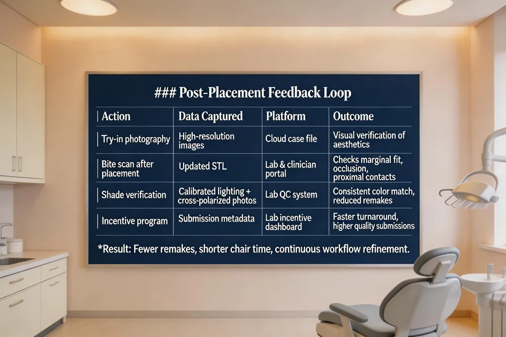 ### Post‑Placement Feedback Loop
| Action | Data Captured | Platform | Outcome |
|---|---|---|---|
| Try‑in photography | High‑resolution images | Cloud case file | Visual verification of aesthetics |
| Bite scan after placement | Updated STL | Lab & clinician portal | Checks marginal fit, occlusion, proximal contacts |
| Shade verification | Calibrated lighting + cross‑polarized photos | Lab QC system | Consistent color match, reduced remakes |
| Incentive program | Submission metadata | Lab incentive dashboard | Faster turnaround, higher quality submissions |
Result: Fewer remakes, shorter chair time, continuous workflow refinement.