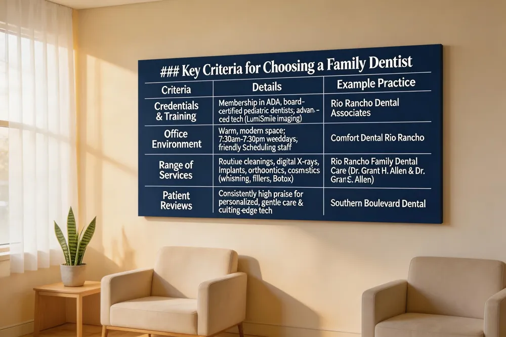 ### Key Criteria for Choosing a Family Dentist
| Criteria | Details | Example Practice |
|---|---|---|
| Credentials & Training | Membership in ADA; board‑certified pediatric dentists; use of advanced tech (e.g., LumiSmile imaging) | Rio Rancho Dental Associates |
| Office Environment | Warm, modern space; extended hours (7:30 am‑7:30 pm weekdays); friendly staff for easy scheduling | Comfort Dental Rio Rancho |
| Range of Services | Routine cleanings, digital X‑rays, implants, orthodontics, cosmetics (whitening, dermal fillers, Botox) | Rio Rancho Family Dental Care (Dr. Grant H. Allen & Dr. Grant S. Allen) |
| Patient Reviews | Consistently high praise for personalized, gentle care and cutting‑edge technology | Southern Boulevard Dental |
| 
