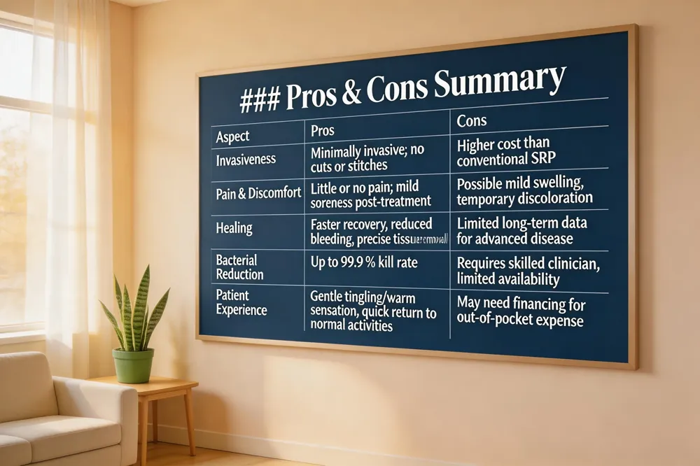 ### Pros & Cons Summary
| Aspect | Pros | Cons |
|---|---|---|
| Invasiveness | Minimally invasive; no cuts or stitches | Higher cost than conventional SRP |
| Pain & Discomfort | Little or no pain during procedure; mild soreness post‑treatment | Possible mild swelling, temporary discoloration |
| Healing | Faster recovery, reduced bleeding, precise tissue removal | Limited long‑term data for advanced disease |
| Bacterial Reduction | Up to 99.9 % kill rate | Requires skilled clinician, limited availability |
| Patient Experience | Gentle tingling/warm sensation, quick return to normal activities | May need financing for out‑of‑pocket expense |
| 