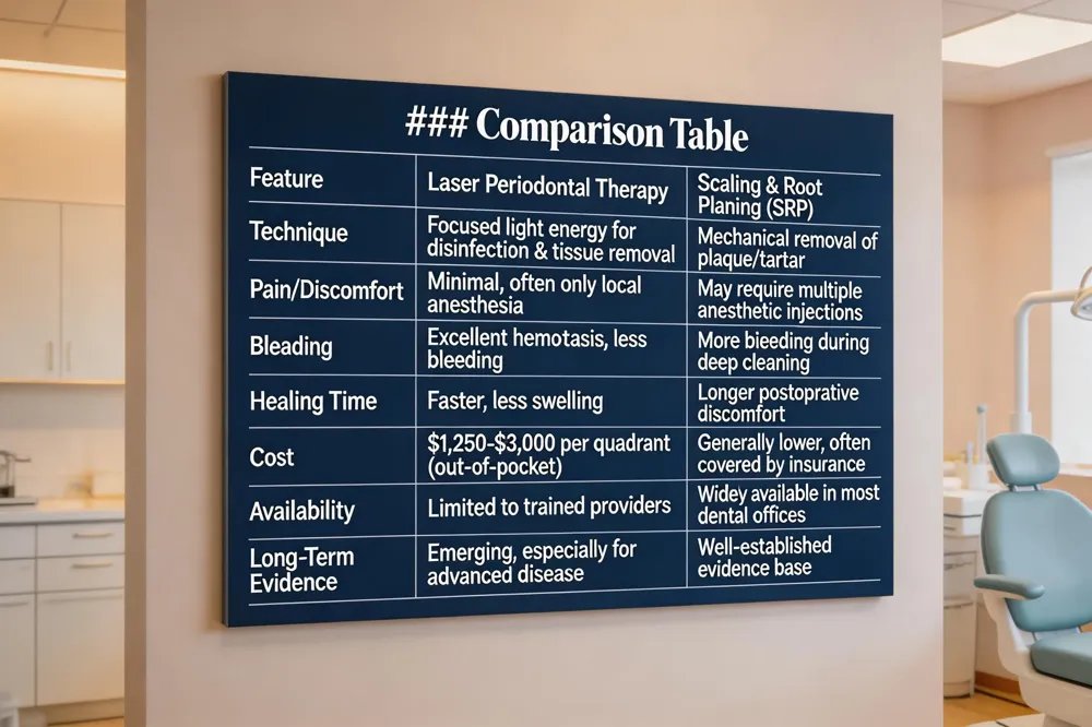 ### Comparison Table
| Feature | Laser Periodontal Therapy | Scaling & Root Planing (SRP) |
|---|---|---|
| Technique | Focused light energy for disinfection & tissue removal | Mechanical removal of plaque/tartar |
| Pain/Discomfort | Minimal; often only local anesthesia | May require multiple anesthetic injections |
| Bleeding | Excellent hemostasis, less bleeding | More bleeding during deep cleaning |
| Healing Time | Faster, less swelling | Longer postoperative discomfort |
| Cost | $1,250‑$3,000 per quadrant (out‑of‑pocket) | Generally lower, often covered by insurance |
| Availability | Limited to trained providers | Widely available in most dental offices |
| Long‑Term Evidence | Emerging, especially for advanced disease | Well‑established evidence base |
| 