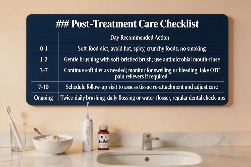 ### Post‑Treatment Care Checklist
| Day | Recommended Action |
|---|---|
| 0‑1 | Soft‑food diet; avoid hot, spicy, crunchy foods; no smoking |
| 1‑2 | Gentle brushing with soft‑bristled brush; use antimicrobial mouth‑rinse |
| 3‑7 | Continue soft diet as needed; monitor for swelling or bleeding; take OTC pain relievers if required |
| 7‑10 | Schedule follow‑up visit to assess tissue re‑attachment and adjust care |
| Ongoing | Twice‑daily brushing, daily flossing or water‑flosser, regular dental check‑ups |
| 