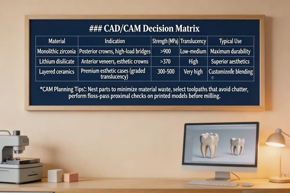 ### CAD/CAM Decision Matrix
| Material | Indication | Strength (MPa) | Translucency | Typical Use |
|---|---|---|---|---|
| Monolithic zirconia | Posterior crowns, high‑load bridges | >900 | Low–medium | Maximum durability |
| Lithium disilicate | Anterior veneers, esthetic crowns | ~370 | High | Superior aesthetics |
| Layered ceramics | Premium esthetic cases requiring graded translucency | 300‑500 | Very high | Customized shade blending |
CAM Planning Tips: Nest parts to minimize material waste, select toolpaths that avoid chatter, and perform floss‑pass proximal checks on printed models before milling.