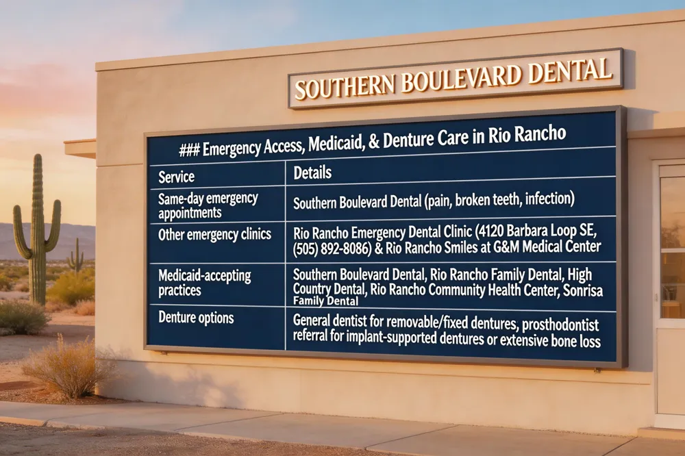 ### Emergency Access, Medicaid, & Denture Care in Rio Rancho
| Service | Details |
|---|---|
| Same‑day emergency appointments | Southern Boulevard Dental (pain, broken teeth, infection) |
| Other emergency clinics | Rio Rancho Emergency Dental Clinic (4120 Barbara Loop SE, (505) 892‑8086) & Rio Rancho Smiles at G&M Medical Center |
| Medicaid‑accepting practices | Southern Boulevard Dental, Rio Rancho Family Dental, High Country Dental, Rio Rancho Community Health Center, Sonrisa Family Dental |
| Denture options | General dentist for removable/fixed dentures; prosthodontist referral for implant‑supported dentures or extensive bone loss |
| 
