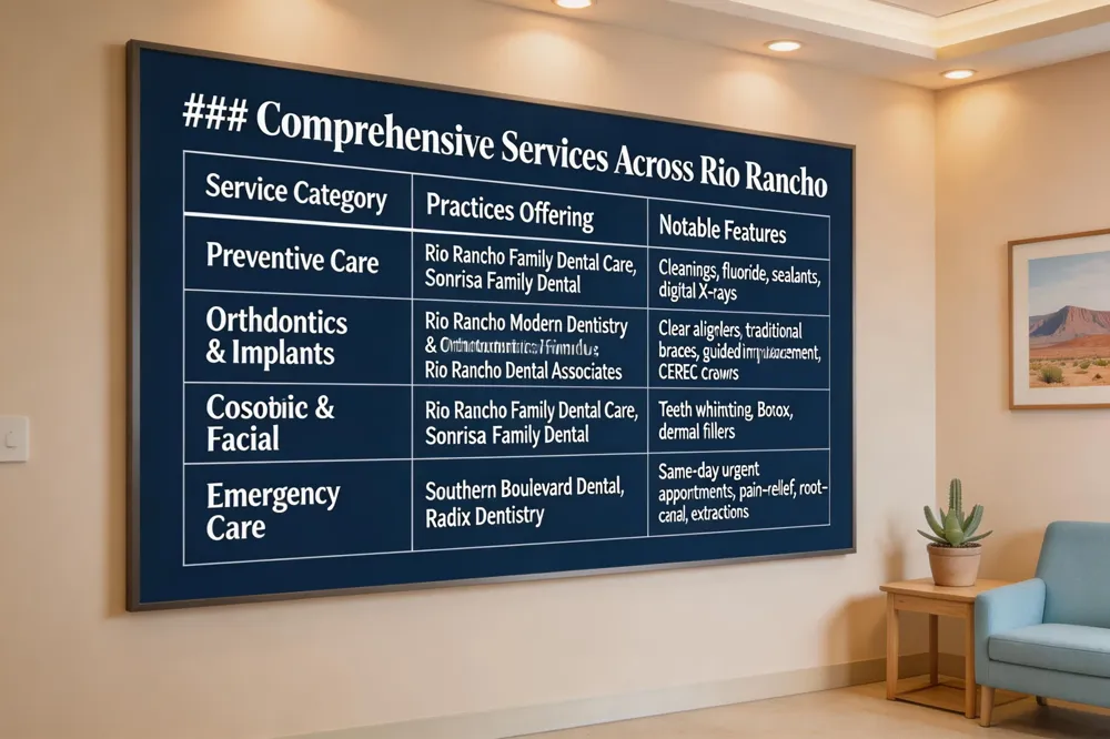 ### Comprehensive Services Across Rio Rancho
| Service Category | Practices Offering | Notable Features |
|---|---|---|
| Preventive Care | Rio Rancho Family Dental Care, Sonrisa Family Dental | Cleanings, fluoride, sealants, digital X‑rays |
| Orthodontics & Implants | Rio Rancho Modern Dentistry & Orthodontics; Rio Rancho Dental Associates | Clear aligners, traditional braces, guided implant placement, CEREC crowns |
| Cosmetic & Facial | Rio Rancho Family Dental Care; Sonrisa Family Dental | Teeth whitening, Botox, dermal fillers |
| Emergency Care | Southern Boulevard Dental; Radix Dentistry | Same‑day urgent appointments, pain‑relief, root‑canal, extractions |
| 