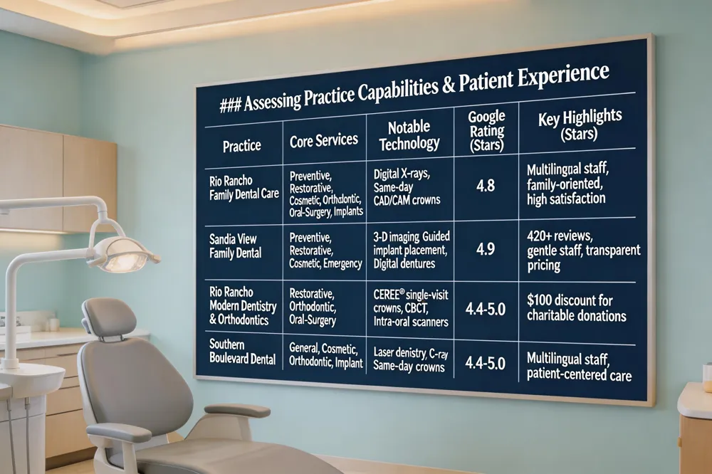 ### Assessing Practice Capabilities & Patient Experience
| Practice | Core Services | Notable Technology | Google Rating (Stars) | Key Highlights |
|---|---|---|---|---|
| Rio Rancho Family Dental Care | Preventive, Restorative, Cosmetic, Orthodontic, Oral‑Surgery, Implants | Digital X‑rays, Same‑day CAD/CAM crowns | 4.8 | Multilingual staff, family‑oriented, high satisfaction |
| Sandia View Family Dental | Preventive, Restorative, Cosmetic, Emergency | 3‑D imaging, Guided implant placement, Digital dentures | 4.9 | 420+ reviews, gentle staff, transparent pricing |
| Rio Rancho Modern Dentistry & Orthodontics | Restorative, Orthodontic, Implants, Oral‑Surgery | CEREC® single‑visit crowns, CBCT, Intra‑oral scanners | 4.4‑5.0 | $100 discount for charitable donations |
| Southern Boulevard Dental | General, Cosmetic, Orthodontic, Implant | Laser dentistry, C‑‑rays, Same‑day crowns | 4.4‑5.0 | Multilingual staff, patient‑centered care |
| 