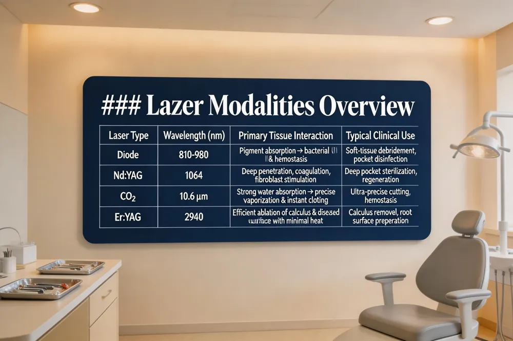 ### Laser Modalities Overview
| Laser Type | Wavelength (nm) | Primary Tissue Interaction | Typical Clinical Use |
|---|---|---|---|
| Diode | 810‑980 | Pigment absorption → bacterial kill & hemostasis | Soft‑tissue debridement, pocket disinfection |
| Nd:YAG | 1064 | Deep penetration, coagulation, fibroblast stimulation | Deep pocket sterilization, regeneration |
| CO₂ | 10.6 µm | Strong water absorption → precise vaporization & instant clotting | Ultra‑precise cutting, hemostasis |
| Er:YAG | 2940 | Efficient ablation of calculus & diseased root surface with minimal heat | Calculus removal, root surface preparation |
| 