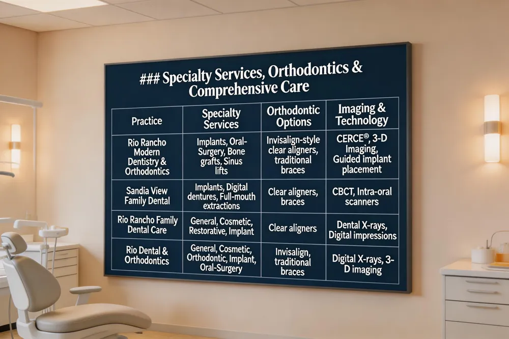 ### Specialty Services, Orthodontics & Comprehensive Care
| Practice | Specialty Services | Orthodontic Options | Imaging & Technology |
|---|---|---|---|
| Rio Rancho Modern Dentistry & Orthodontics | Implants, Oral‑Surgery, Bone grafts, Sinus lifts | Invisalign‑style clear aligners, traditional braces | CEREC®, 3‑D imaging, Guided implant placement |
| Sandia View Family Dental | Implants, Digital dentures, Full‑mouth extractions | Clear aligners, braces | CBCT, Intra‑oral scanners |
| Rio Rancho Family Dental Care | General, Cosmetic, Restorative, Implant | Clear aligners | Dental X‑rays, Digital impressions |
| Rio Dental & Orthodontics | General, Cosmetic, Orthodontic, Implant, Oral‑Surgery | Invisalign, traditional braces | Digital X‑rays, 3‑D imaging |
| 