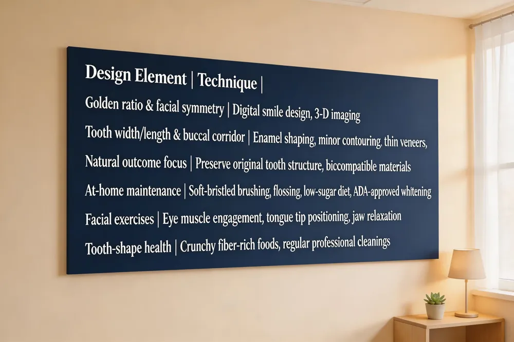 Focus Point | Benefits |
|---|---|
| Restorative procedures (crowns, veneers, bonding) | Reinforce weakened teeth, prevent decay, reduce invasive work |
| Orthodontic alignment (clear aligners, braces) | Improves chewing efficiency, reduces jaw strain, lowers TMJ pain risk |
| Better alignment | Makes brushing/flossing more effective → healthier gums & less periodontal disease |
| Gum contouring & laser reshaping | Creates harmonious gum line, supports periodontal stability |
| Systemic health link | Treating oral infection may lower risk of heart disease, diabetes |
| Overall outcome | Restored function (bite, speech), stronger teeth, confidence‑boosting smile |
| Cosmetic dentistry does more than create a pretty smile; it protects and restores the teeth and supporting structures. Restorative procedures such as crowns, veneers, and bonding reinforce weakened teeth, preventing further decay and reducing the need for future invasive work. Aligning teeth with orthodontic options—clear aligners or braces—improves chewing efficiency, eases jaw strain, and lowers the risk of temporomandibular joint pain. Proper alignment also makes daily brushing and flossing more effective, which helps keep gum tissue healthy and reduces the chance of periodontal disease. |
Research links untreated dental infection to systemic conditions like heart disease and diabetes. By addressing cavities, gum disease, and misaligned bites, cosmetic treatments contribute to overall health. Gum contouring and laser reshaping create a harmonious gum line, supporting periodontal stability and enhancing facial aesthetics.
Benefits of cosmetic dentistry include restored function (bite, chew, speech), stronger teeth, and a smile that boosts confidence. Improving your smile involves whitening, bonding, veneers, and gum contouring to correct color, shape, and symmetry. A step‑by‑step plan—starting with a comprehensive exam, cleaning, whitening, bonding, straightening, veneers, crowns/implants, and a full smile makeover—can transform a troubled smile into a healthy, attractive one. These evidence‑based approaches, used by practices in Sugar Land, Texas and Rio Rancho, NM, combine modern technology with patient‑centered care for lasting oral‑health benefits.
Aesthetic Enhancements: Natural‑Looking Smile Design
| ![Design Element | Technique |
|---|---|
| Golden ratio & facial symmetry | Digital smile design, 3‑D imaging |
| Tooth width/length & buccal corridor | Enamel shaping, minor contouring, thin veneers |
| Natural outcome focus | Preserve original tooth structure, use biocompatible materials |
| At‑home maintenance | Soft‑bristled brushing, flossing, low‑sugar diet, ADA‑approved whitening |
| Facial exercises | Eye muscle engagement, tongue tip positioning, jaw relaxation |
| Tooth‑shape health | Crunchy fiber‑rich foods, regular professional cleanings |
| 