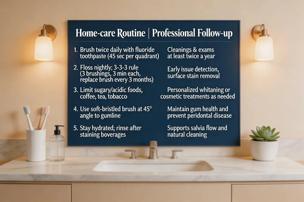 Home‑care Routine | Professional Follow‑up |
|---|---|
| Brush twice daily with fluoride toothpaste (45 sec per quadrant) | Cleanings & exams at least twice a year |
| Floss nightly; 3‑3‑3 rule (3 brushings, 3 min each, replace brush every 3 months) | Early issue detection, surface stain removal |
| Limit sugary/acidic foods, coffee, tea, tobacco | Personalized whitening or cosmetic treatments as needed |
| Use soft‑bristled brush at 45° angle to gumline | Maintain gum health and prevent periodontal disease |
| Stay hydrated; rinse after staining beverages | Supports saliva flow and natural cleaning |
| 