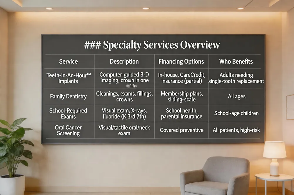 ### Specialty Services Overview
| Service | Description | Financing Options | Who Benefits |
|---|---|---|---|
| Teeth‑In‑An‑Hour™ Implants | Computer‑guided 3‑D imaging, placement and crown in one visit | In‑house financing, CareCredit, insurance (partial) | Adults needing single‑tooth replacement |
| Family Dentistry (Preventive & Restorative) | Cleanings, exams, fillings, crowns, cosmetic work for all ages | Membership plans, sliding‑scale fees | Children, teens, adults, seniors |
| School‑Required Exams | Visual inspection, optional X‑rays, fluoride/sealants for K, 3rd, 7th grades | Often covered by school health programs or parental insurance | School‑age children |
| Oral Cancer Screening (Head‑and‑Neck) | Visual & tactile exam of oral tissues and lymph nodes | Covered as preventive service | All patients, especially high‑risk groups |
| 