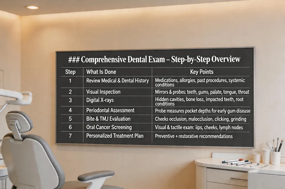### Comprehensive Dental Exam – Step‑by‑Step Overview
| Step | What Is Done | Key Points |
|---|---|---|
| 1 | Review Medical & Dental History | Medications, allergies, past procedures, systemic conditions |
| 2 | Visual Inspection | Mirrors & probes used to examine teeth, restorations, gums, palate, tongue, throat, neck |
| 3 | Digital X‑rays (bitewings, periapical, panoramic, CBCT) | Detect hidden cavities, bone loss, impacted teeth, root conditions |
| 4 | Periodontal Assessment | Probe measures pocket depths around each tooth for early gum disease |
| 5 | Bite & TMJ Evaluation | Checks occlusion, malocclusion, clicking, grinding |
| 6 | Oral Cancer Screening | Visual & tactile exam of lips, cheeks, tongue, floor of mouth, lymph nodes |
| 7 | Personalized Treatment Plan | Preventive (fluoride, sealants) + restorative (fillings, crowns) recommendations |
| 