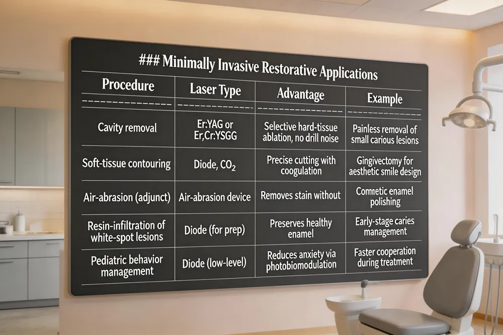 ### Minimally Invasive Restorative Applications
| Procedure | Laser Type | Advantage | Example |
|---|---|---|---|
| Cavity removal | Er:YAG or Er,Cr:YSGG | Selective hard‑tissue ablation, no drill noise | Painless removal of small carious lesions |
| Soft‑tissue contouring | Diode, CO₂ | Precise cutting with coagulation | Gingivectomy for aesthetic smile design |
| Air‑abrasion (adjunct) | Air‑abrasion device (often combined with laser) | Removes stain without heat | Cosmetic enamel polishing |
| Resin‑infiltration of white‑spot lesions | Diode (for prep) | Preserves healthy enamel | Early‑stage caries management |
| Pediatric behavior management | Diode (low‑level) | Reduces anxiety via photobiomodulation | Faster cooperation during treatment |
| 