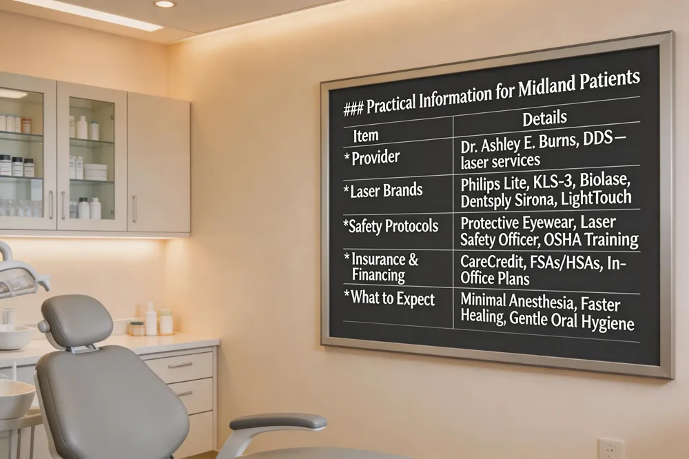 ### Practical Information for Midland Patients
| Item | Details |
|---|---|
| Provider | Dr. Ashley E. Burns, DDS – offers full suite of soft‑ and hard‑tissue laser services |
| Laser Brands | Philips Lite, KLS‑3, Biolase Waterlase, Dentsply Sirona SiroLaser Advance/Blue, LightTouch |
| Safety Protocols | Wavelength‑specific protective eyewear, high‑volume suction, designated Laser Safety Officer, OSHA‑compliant training |
| Insurance & Financing | Therapeutic laser procedures often covered; CareCredit, in‑office plans, FSAs/HSAs accepted |
| What to Expect | Protective glasses, minimal or no anesthesia, reduced bleeding, faster healing, short recovery; post‑op instructions focus on gentle oral hygiene |
| 