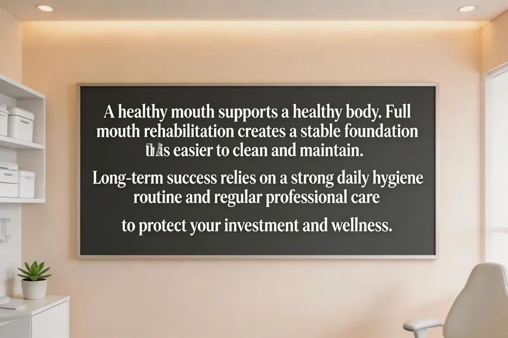 A healthy mouth supports a healthy body. Full mouth rehabilitation creates a stable foundation that is easier to clean and maintain. Long-term success relies on a strong daily hygiene routine and regular professional care to protect your investment and wellness.