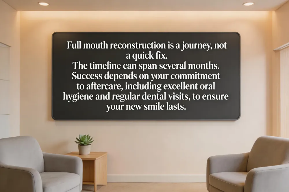 Full mouth reconstruction is a journey, not a quick fix. The timeline can span several months. Success depends on your commitment to aftercare, including excellent oral hygiene and regular dental visits, to ensure your new smile lasts.