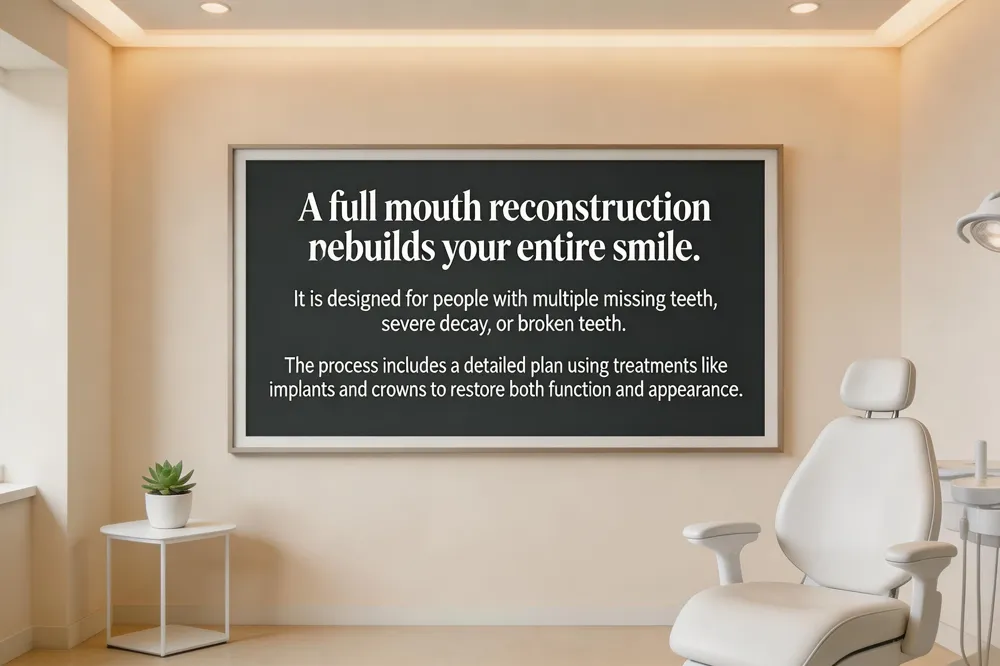 A full mouth reconstruction rebuilds your entire smile. It is designed for people with multiple missing teeth, severe decay, or broken teeth. The process includes a detailed plan using treatments like implants and crowns to restore both function and appearance.