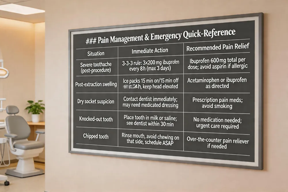 ### Pain Management & Emergency Quick‑Reference
| Situation | Immediate Action | Recommended Pain Relief |
|---|---|---|
| Severe toothache (post‑procedure) | 3‑3‑3 rule: 3 × 200 mg ibuprofen every 8 h (max 3 days) | Ibuprofen 600 mg total per dose; avoid aspirin if allergic |
| Post‑extraction swelling | Ice packs 15 min on/15 min off for first 24 h; keep head elevated | Acetaminophen or ibuprofen as directed |
| Dry socket suspicion | Contact dentist immediately; may need medicated dressing | Prescription pain meds; avoid smoking |
| Knocked‑out tooth | Place tooth in milk or saline; see dentist within 30 min | No medication needed; urgent care required |
| Chipped tooth | Rinse mouth, avoid chewing on that side, schedule ASAP | Over‑the‑counter pain reliever if needed |
| 