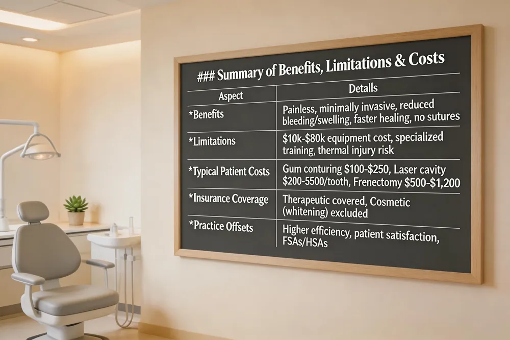 ### Summary of Benefits, Limitations & Costs
| Aspect | Details |
|---|---|
| Benefits | Painless, minimally invasive, simultaneous cauterization, reduced bleeding/swelling, sterile field, faster healing, no sutures, quieter experience |
| Limitations | High upfront equipment cost ($10k‑$80k), need for specialized training, less effective on large cavities or heavily restored teeth, risk of thermal injury if mis‑set |
| Typical Patient Costs | Gum contouring $100‑$250; Laser cavity removal $200‑$500 per tooth; Frenectomy $500‑$1,200; Complex procedures > $1,200 |
| Insurance Coverage | Therapeutic laser services (e.g., periodontal therapy) often covered; Cosmetic laser (whitening) usually excluded |
| Practice Offsets | Increased efficiency, higher patient satisfaction, financing options, FSAs/HSAs for patients |
| 