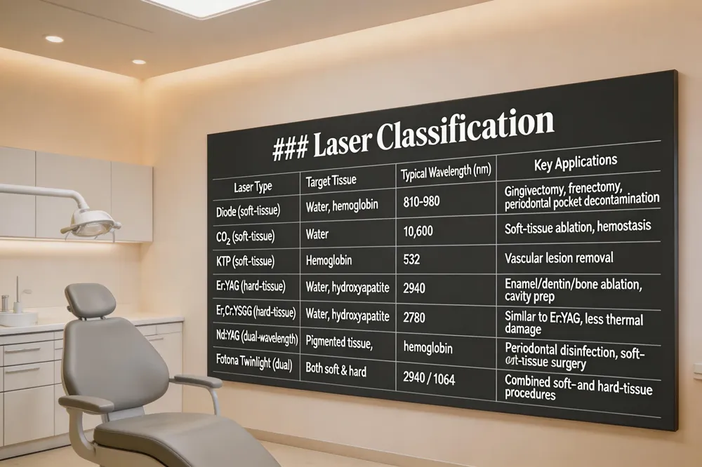 ### Laser Classification
| Laser Type | Target Tissue | Typical Wavelength (nm) | Key Applications |
|---|---|---|---|
| Diode (soft‑tissue) | Water, hemoglobin | 810‑980 | Gingivectomy, frenectomy, periodontal pocket decontamination |
| CO₂ (soft‑tissue) | Water | 10,600 | Soft‑tissue ablation, hemostasis |
| KTP (soft‑tissue) | Hemoglobin | 532 | Vascular lesion removal |
| Er:YAG (hard‑tissue) | Water, hydroxyapatite | 2940 | Enamel/dentin/bone ablation, cavity prep |
| Er,Cr:YSGG (hard‑tissue) | Water, hydroxyapatite | 2780 | Similar to Er:YAG, less thermal damage |
| Nd:YAG (dual‑wavelength) | Pigmented tissue, hemoglobin | 1064 | Periodontal disinfection, soft‑tissue surgery |
| Fotona Twinlight (dual) | Both soft & hard | 2940 / 1064 | Combined soft‑ and hard‑tissue procedures |
| 