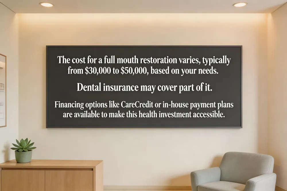 The cost for a full mouth restoration varies, typically from $30,000 to $50,000, based on your needs. Dental insurance may cover part of it. Financing options like CareCredit or in-house payment plans are available to make this health investment accessible.