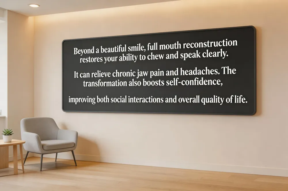 Beyond a beautiful smile, full mouth reconstruction restores your ability to chew and speak clearly. It can relieve chronic jaw pain and headaches. The transformation also boosts self-confidence, improving both social interactions and overall quality of life.