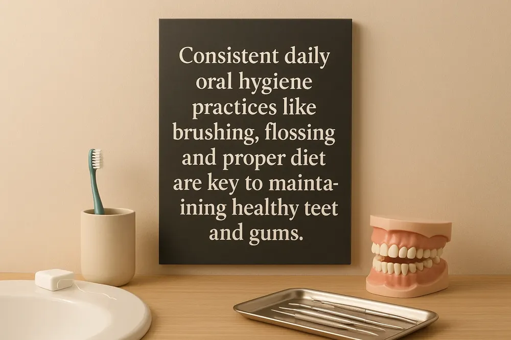 Consistent daily oral hygiene practices like brushing, flossing, and proper diet are key to maintaining healthy teeth and gums.