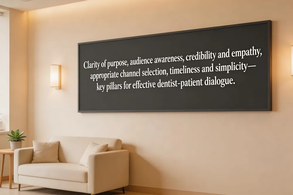 Clarity of purpose, audience awareness, credibility and empathy, appropriate channel selection, timeliness and simplicity—key pillars for effective dentist‑patient dialogue.