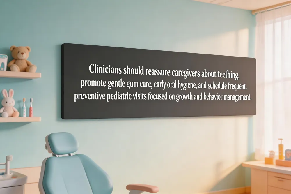 Clinicians should reassure caregivers about teething, promote gentle gum care, early oral hygiene, and schedule frequent, preventive pediatric visits focused on growth and behavior management.