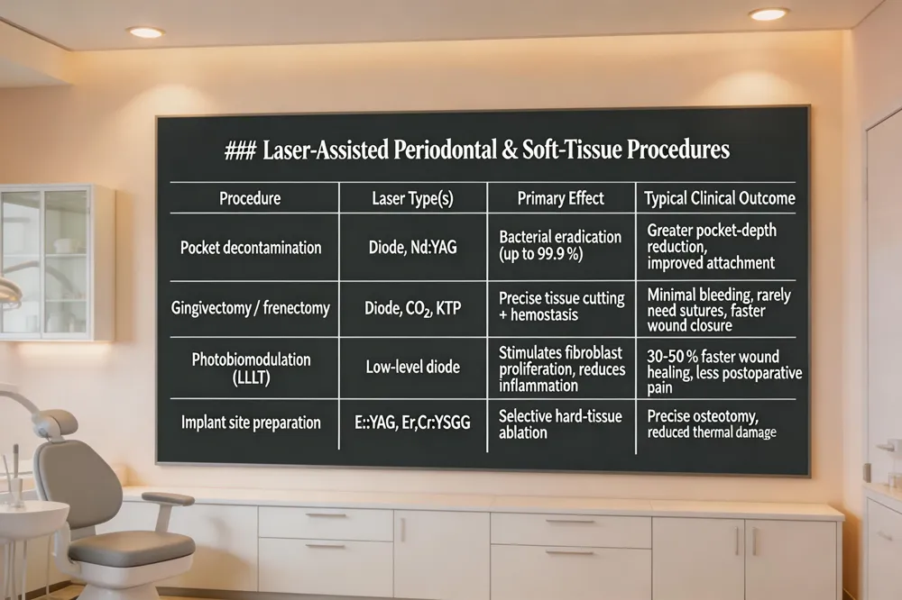 ### Laser‑Assisted Periodontal & Soft‑Tissue Procedures
| Procedure | Laser Type(s) | Primary Effect | Typical Clinical Outcome |
|---|---|---|---|
| Pocket decontamination | Diode, Nd:YAG | Bacterial eradication (up to 99.9 %) | Greater pocket‑depth reduction, improved attachment |
| Gingivectomy / frenectomy | Diode, CO₂, KTP | Precise tissue cutting + hemostasis | Minimal bleeding, rarely need sutures, faster wound closure |
| Photobiomodulation (LLLT) | Low‑level diode | Stimulates fibroblast proliferation, reduces inflammation | 30‑50 % faster wound healing, less postoperative pain |
| Implant site preparation | Er:YAG, Er,Cr:YSGG | Selective hard‑tissue ablation | Precise osteotomy, reduced thermal damage |
| 