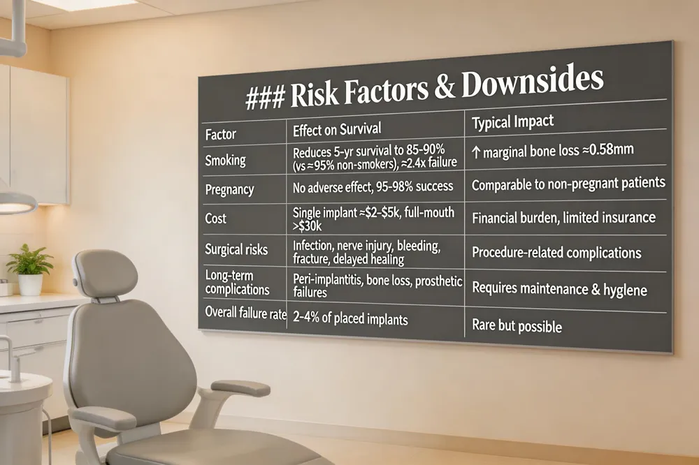 ### Implant Survival Over Time
| Follow‑up Period | Reported Survival Rate | Key Source |
|---|---|---|
| 10 years (large cohort) | 95 %–96 % (≈ 96.4 % CI 95.2–97.5 %) | Systematic review (PMID: 30904559) |
| 10 years (sensitivity) | 93.2 % (CI 90.1–95.8 %) | Same review, sensitivity analysis |
| 20 years (meta‑analysis) | 70 %–85 % (retrospective ≈ 88 %, prospective ≈ 92 %) | Multiple meta‑analyses |
| 30 years (very long‑term) | ≈ 70 % | Long‑term follow‑up studies |
| Overall definition | Implant remains in situ, irrespective of bone loss or symptoms | — |
| Dental implant success rate after 10 years: Large cohort and systematic‑review data show a ten‑year survival of roughly 95 %–96 % for modern rough‑surface titanium implants. One review reported 96.4 % (95 % CI 95.2–97.5 %) and a sensitivity analysis 93.2 % (95 % CI 90.1–95.8 %). |
Long‑term (10‑year) systematic review and sensitivity meta‑analysis: The traditional estimate was 96.4 % with a prediction interval of 91.5–99.4 %; the sensitivity model lowered survival to 93.2 % and broadened the interval to 76.6–100 %, highlighting modestly higher risk in older patients (≥65 yr).
Dental implant success rate after 20 years: Meta‑analyses indicate 70 %–85 % survival at two decades, with retrospective data near 88 % and prospective data around 92 % (some protocols, e.g., All‑on‑4, exceed 90 %).
Dental implant success rate after 30 years: Very long‑term follow‑ups suggest about 70 % of implants remain functional after three decades, with most failures occurring in the first ten years.
Implant survival definition: Survival simply means the implant remains in situ and has not been removed, regardless of bone loss or symptoms; it is expressed as the proportion of implants still present at a given follow‑up period.
Patient‑Related Risk Factors and Downsides
![### Risk Factors & Downsides
| Factor | Effect on Survival | Typical Impact |
|---|---|---|
| Smoking | Reduces 5‑yr survival to 85‑90 % (vs ≈ 95 % for non‑smokers); OR ≈ 2.4 for failure | ↑ marginal bone loss ≈ 0.58 mm |
| Pregnancy | No adverse effect; 95‑98 % success | Comparable to non‑pregnant patients |
| Cost | Primary downside; single implant ≈ $2‑$5 k, full‑mouth > $30 k | Financial burden, limited insurance |
| Surgical risks | Infection, nerve injury, bleeding, fracture, delayed healing | Procedure‑related complications |
| Long‑term complications | Peri‑implantitis, bone loss, prosthetic failures | Requires maintenance & hygiene |
| Overall failure rate | 2‑4 % of placed implants | Rare but possible |
| 