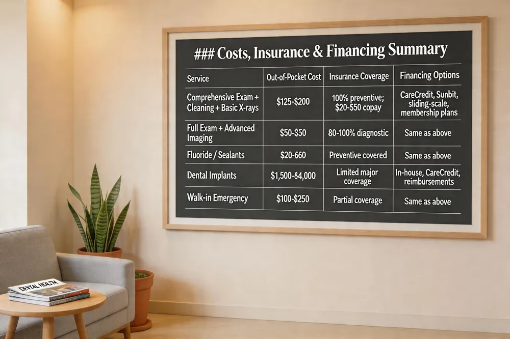 ### Costs, Insurance & Financing Summary
| Service | Typical Out‑of‑Pocket Cost (No Insurance) | Insurance Coverage | Financing / Payment Options |
|---|---|---|---|
| Comprehensive Exam + Cleaning + Basic X‑rays | $125‑$200 | Preventive exams usually 100 % covered; small co‑pay $20‑$50 | CareCredit, Sunbit, sliding‑scale, membership plans |
| Full Exam with Advanced Imaging (CBCT, Panoramic) | $50‑$350 (depends on imaging) | Varies by plan; often 80‑100 % for diagnostic fees | Same as above |
| Fluoride Treatment / Sealants | $20‑$60 per visit | Usually covered as preventive | Same as above |
| Dental Implants (including Teeth‑In‑An‑Hour™) | $1,500‑$4,000 per implant | Limited coverage; often considered major restorative | In‑house financing, CareCredit, insurance reimbursements |
| Walk‑in Emergency Visit | $100‑$250 (depends on procedure) | Emergency care may be partially covered | Same as above |
| 
