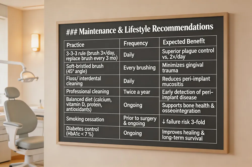 ### Maintenance & Lifestyle Recommendations
| Practice | Frequency | Expected Benefit |
|---|---|---|
| 3‑3‑3 rule (brush 3×/day, 3 min, replace brush every 3 mo) | Daily | Superior plaque control vs. 2×/day |
| Soft‑bristled brush (45° angle) | Every brushing | Minimizes gingival trauma |
| Floss/ interdental cleaning | Daily | Reduces peri‑implant mucositis |
| Professional cleaning | Twice a year | Early detection of peri‑implant disease |
| Balanced diet (calcium, vitamin D, protein, antioxidants) | Ongoing | Supports bone health & osseointegration |
| Smoking cessation | Prior to surgery & ongoing | ↓ failure risk 3‑fold |
| Diabetes control (HbA1c < 7 %) | Ongoing | Improves healing & long‑term survival |
| 