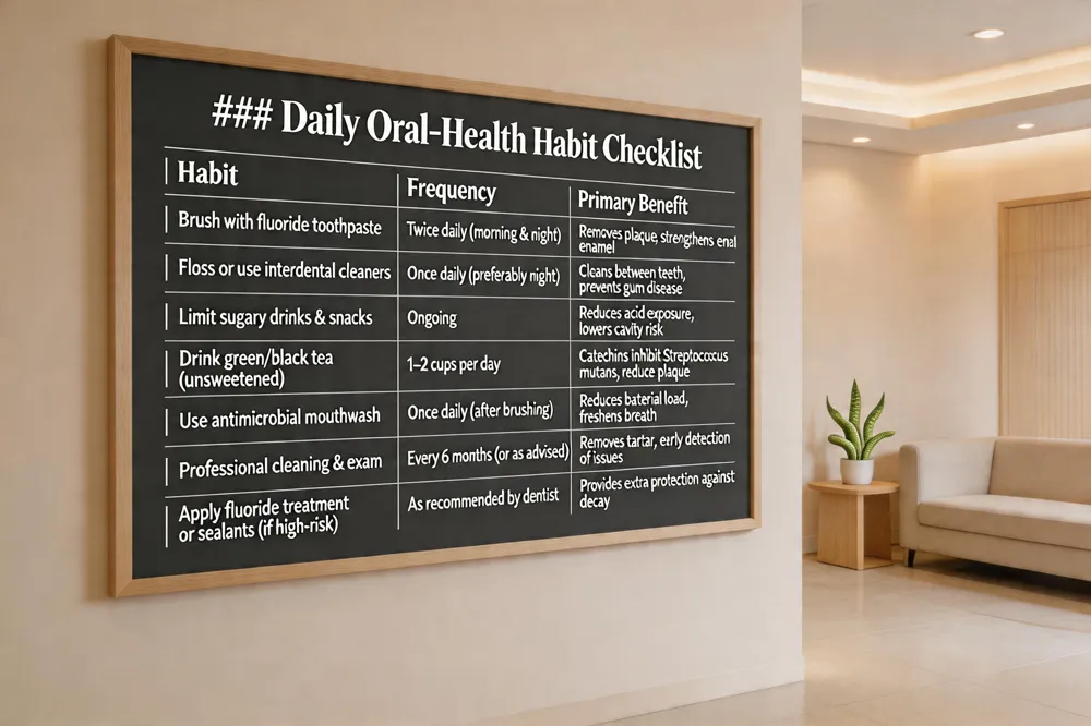 ### Daily Oral‑Health Habit Checklist
| Habit | Frequency | Primary Benefit |
|---|---|---|
| Brush with fluoride toothpaste | Twice daily (morning & night) | Removes plaque, strengthens enamel |
| Floss or use interdental cleaners | Once daily (preferably night) | Cleans between teeth, prevents gum disease |
| Limit sugary drinks & snacks | Ongoing | Reduces acid exposure, lowers cavity risk |
| Drink green/black tea (unsweetened) | 1–2 cups per day | Catechins inhibit Streptococcus mutans, reduce plaque |
| Use antimicrobial mouthwash | Once daily (after brushing) | Reduces bacterial load, freshens breath |
| Professional cleaning & exam | Every 6 months (or as advised) | Removes tartar, early detection of issues |
| Apply fluoride treatment or sealants (if high‑risk) | As recommended by dentist | Provides extra protection against decay |
| 